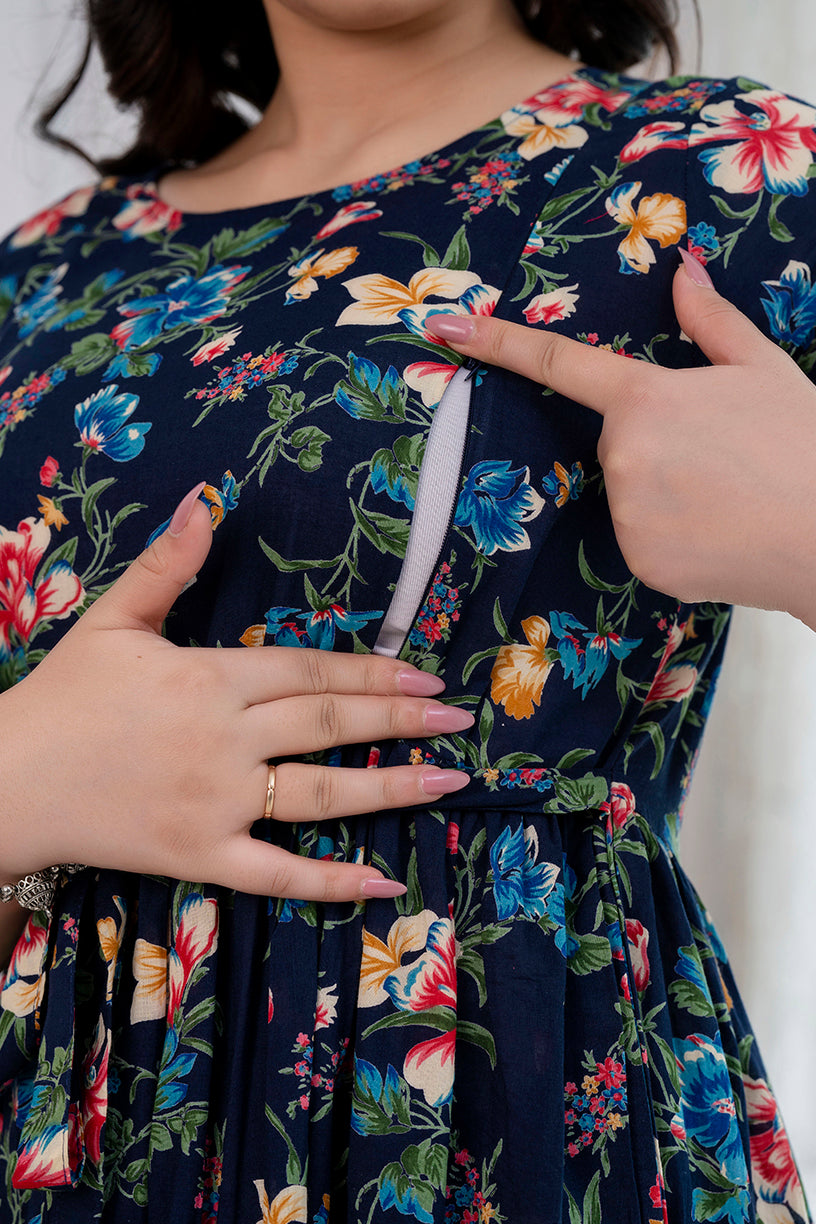 Navy Blue Printed Maternity Dress