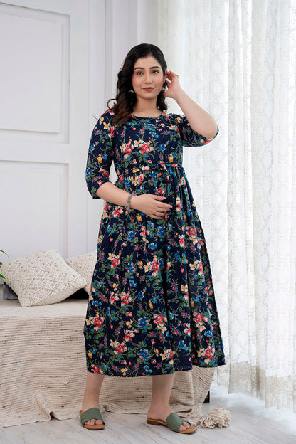 Navy Blue Printed Maternity Dress