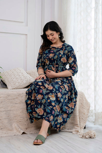 Navy Blue Printed Maternity Dress
