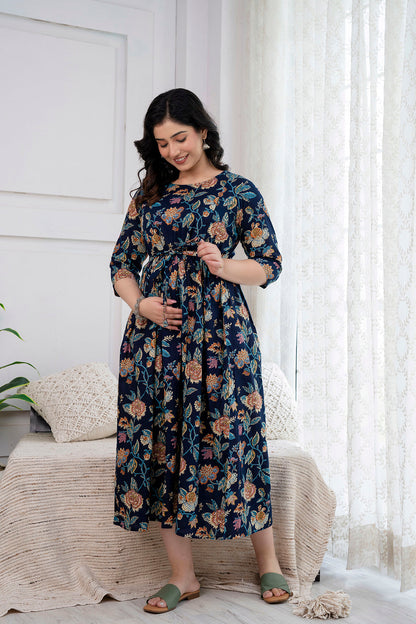 Navy Blue Printed Maternity Dress