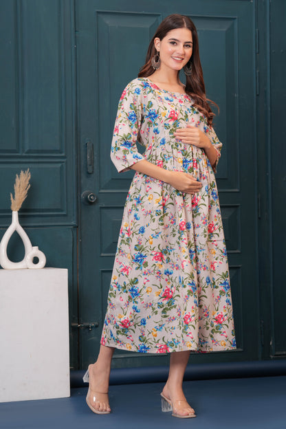 Beige Printed Flared Maternity Dress