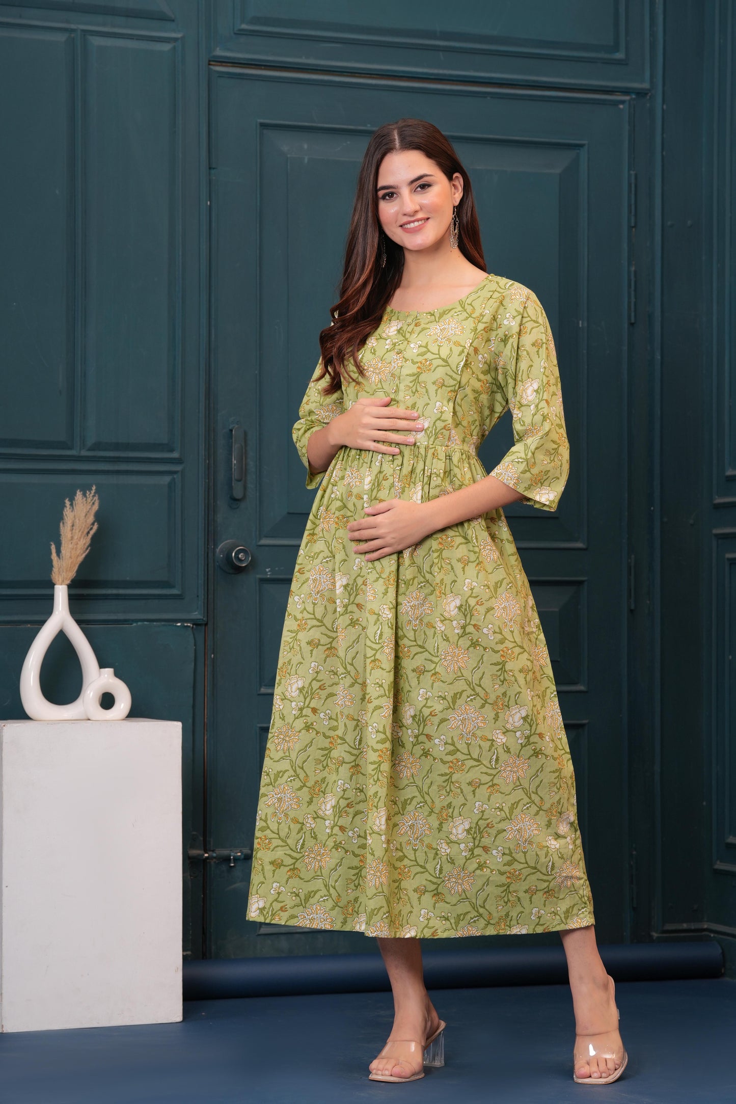 Green Printed Flared Maternity Dress