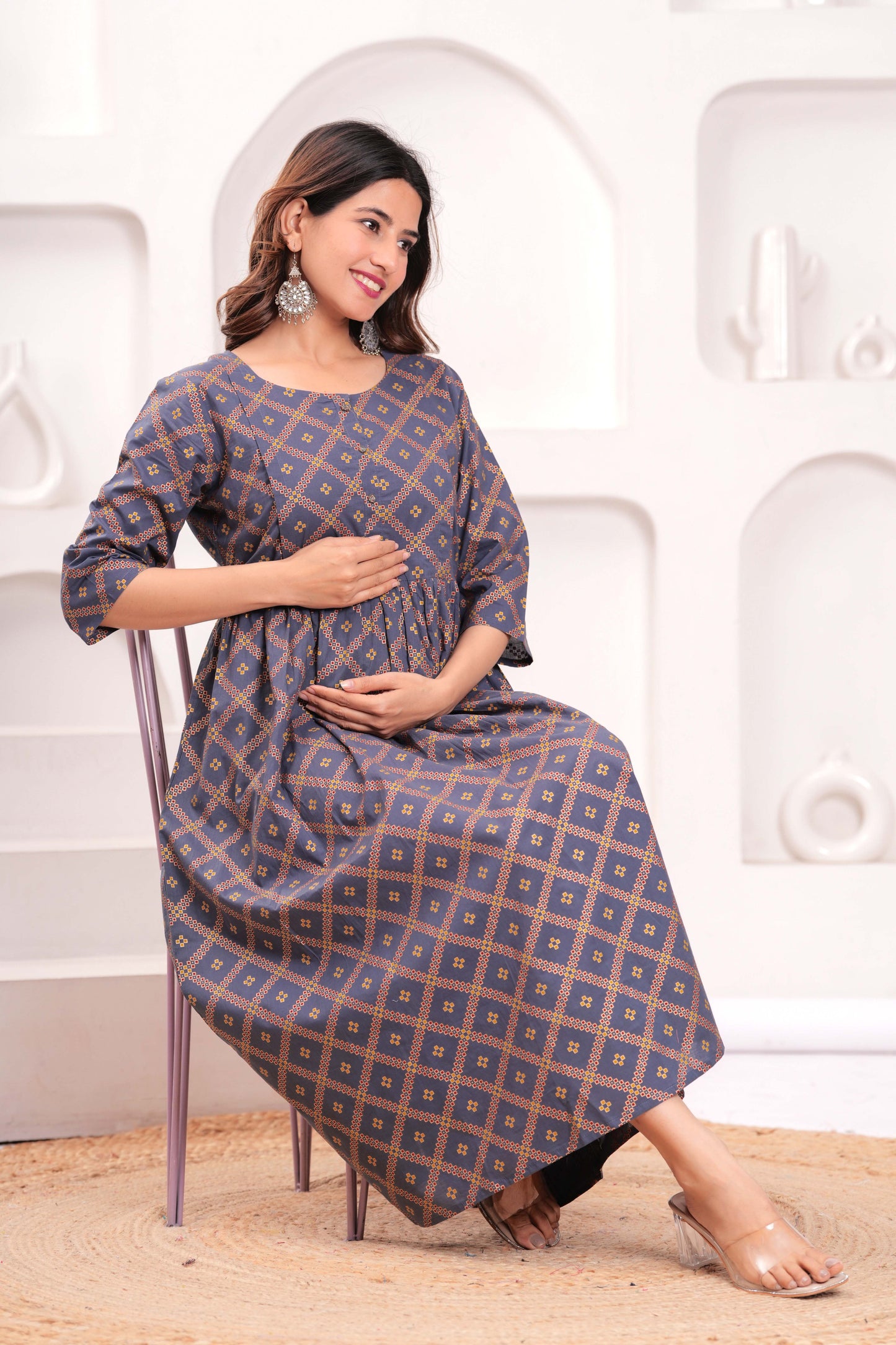 Grey Printed Flared Maternity Dress