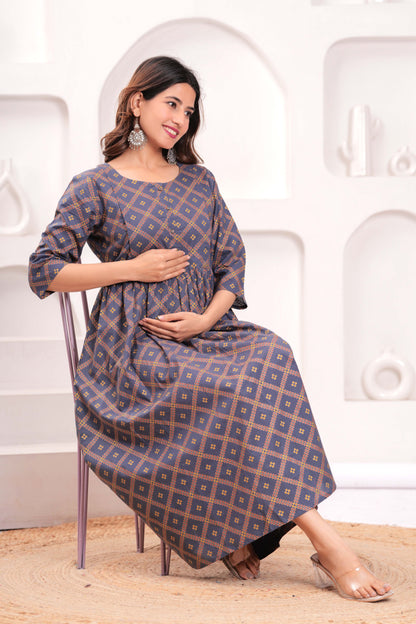 Grey Printed Flared Maternity Dress