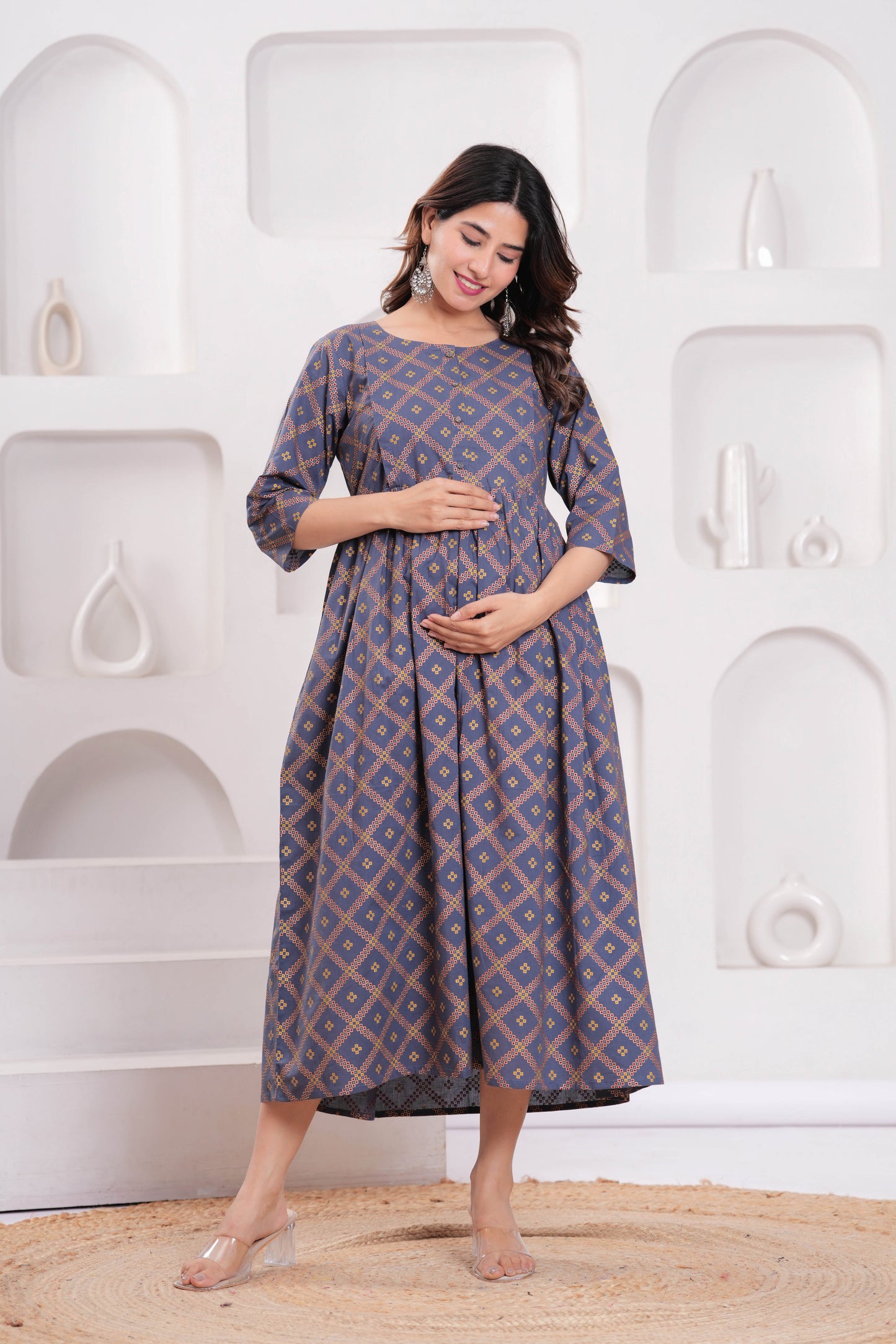 Grey Printed Flared Maternity Dress