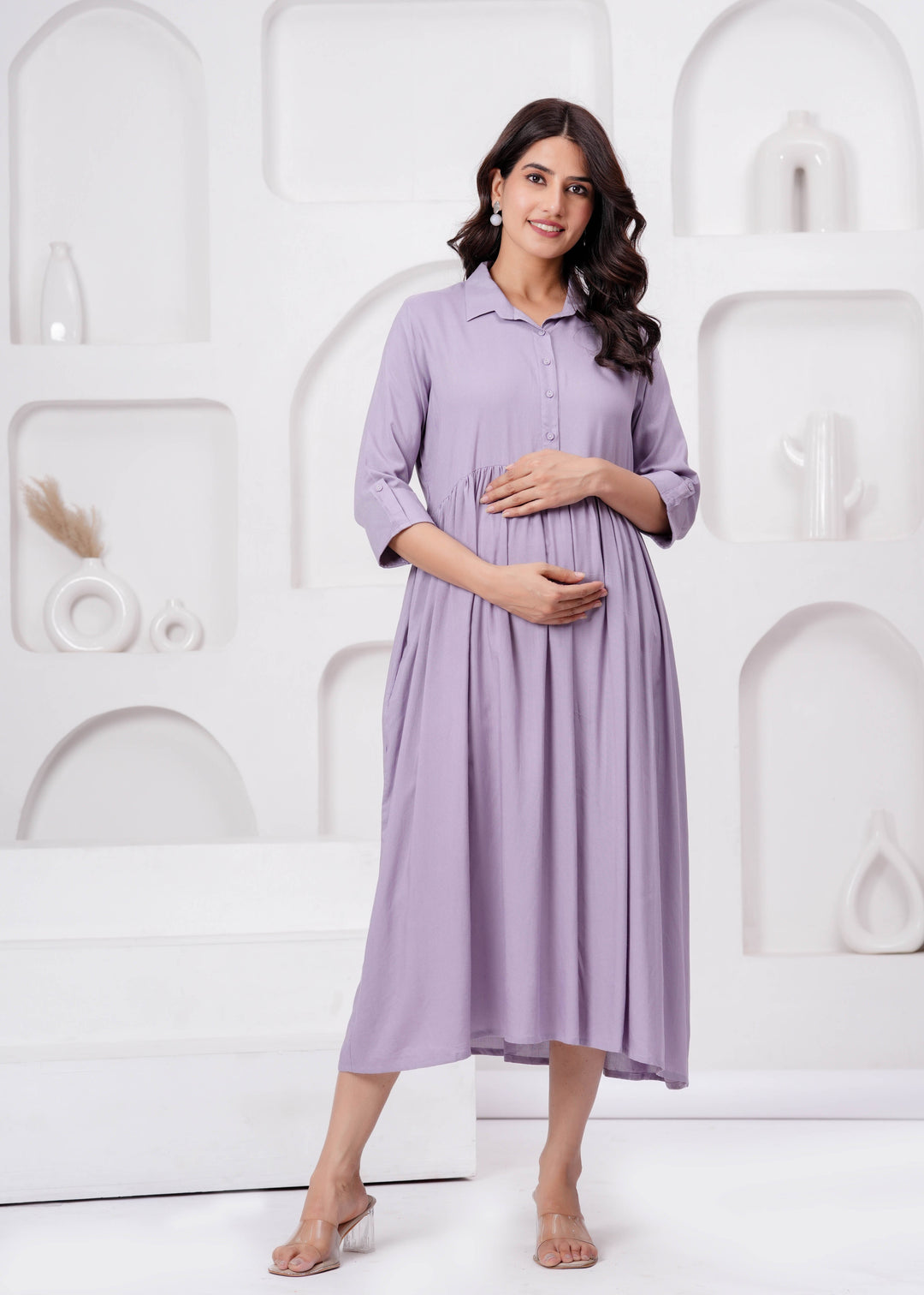 Lavender Solid Flared Maternity Dress