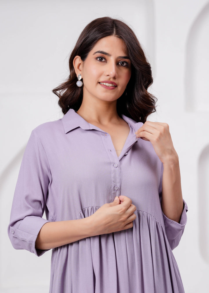 Lavender Solid Flared Maternity Dress
