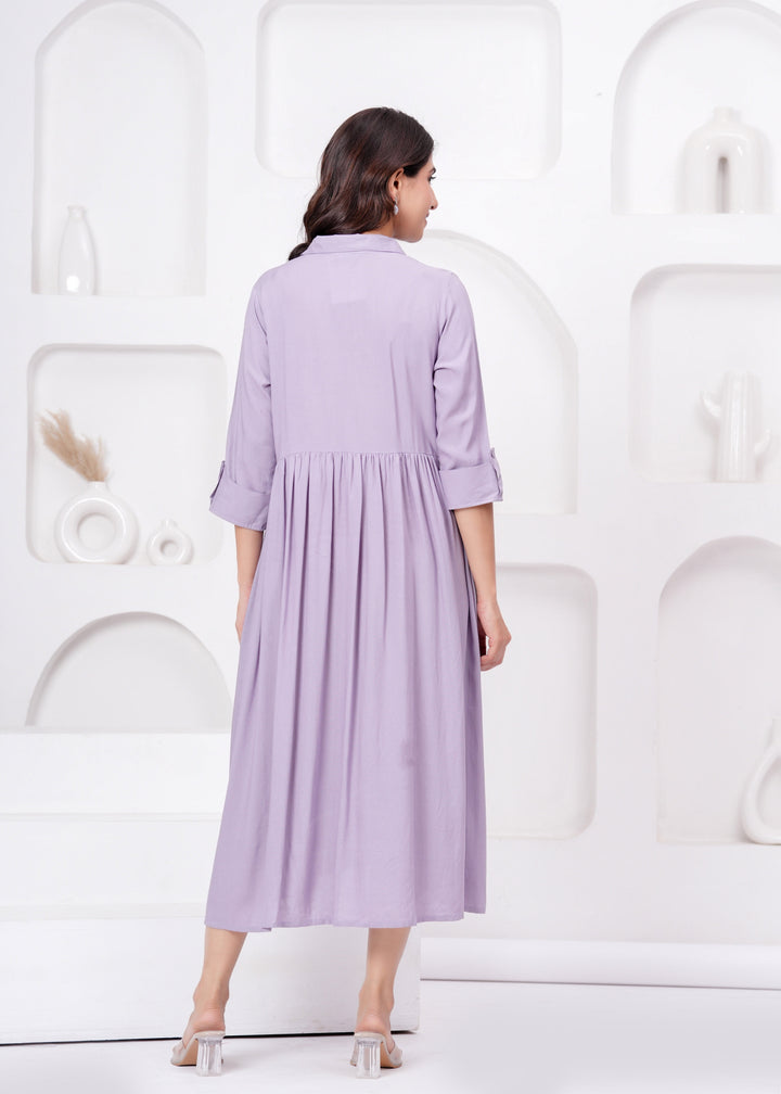 Lavender Solid Flared Maternity Dress