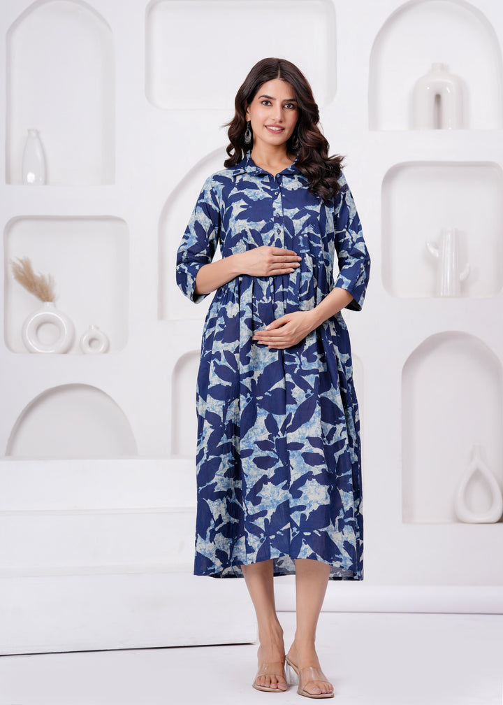 Blue Printed Flared Maternity Dress