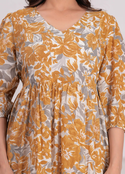 Mustard Printed Flared Maternity Dress