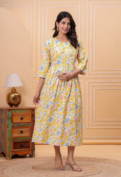 Yellow Floral Printed Flared Maternity Dress