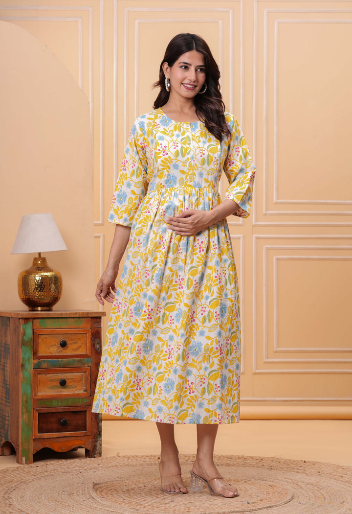 Yellow Floral Printed Flared Maternity Dress
