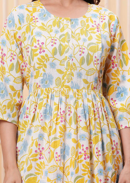 Yellow Floral Printed Flared Maternity Dress