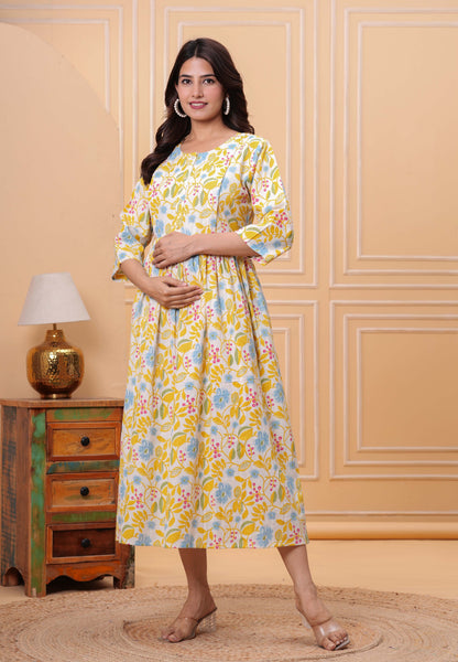Yellow Floral Printed Flared Maternity Dress