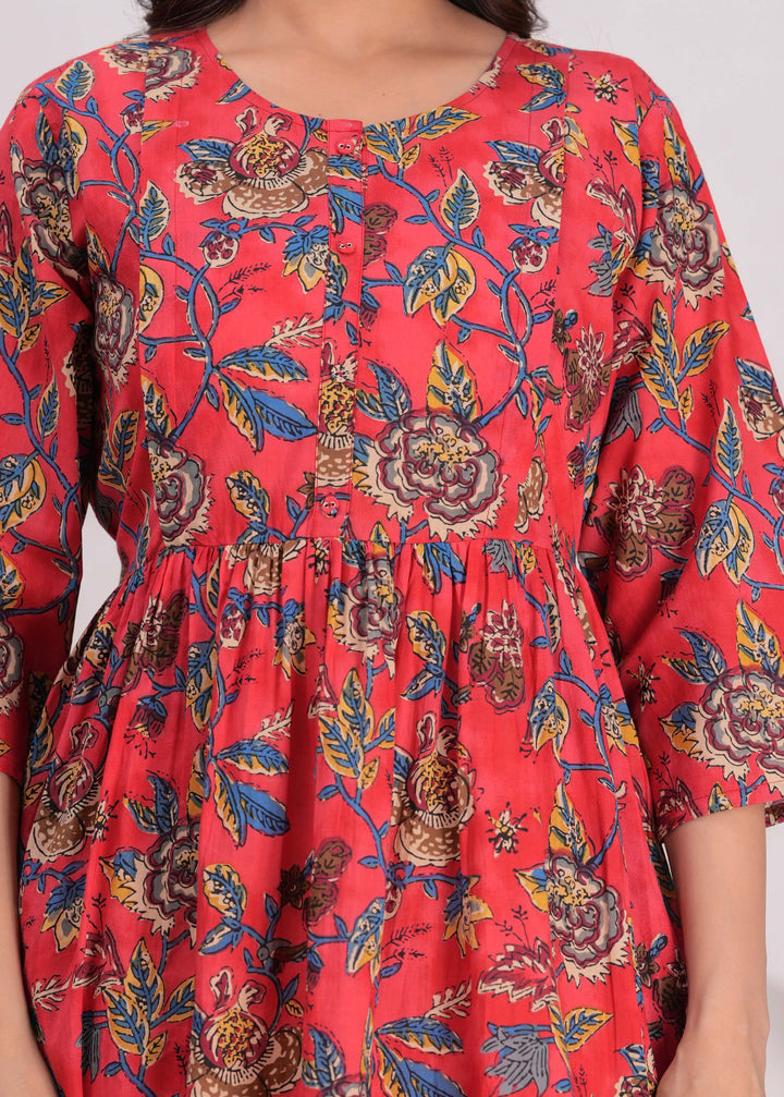 Maroon Floral Printed Flared Maternity Dress