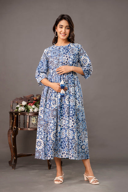 Blue Printed Maternity Dress