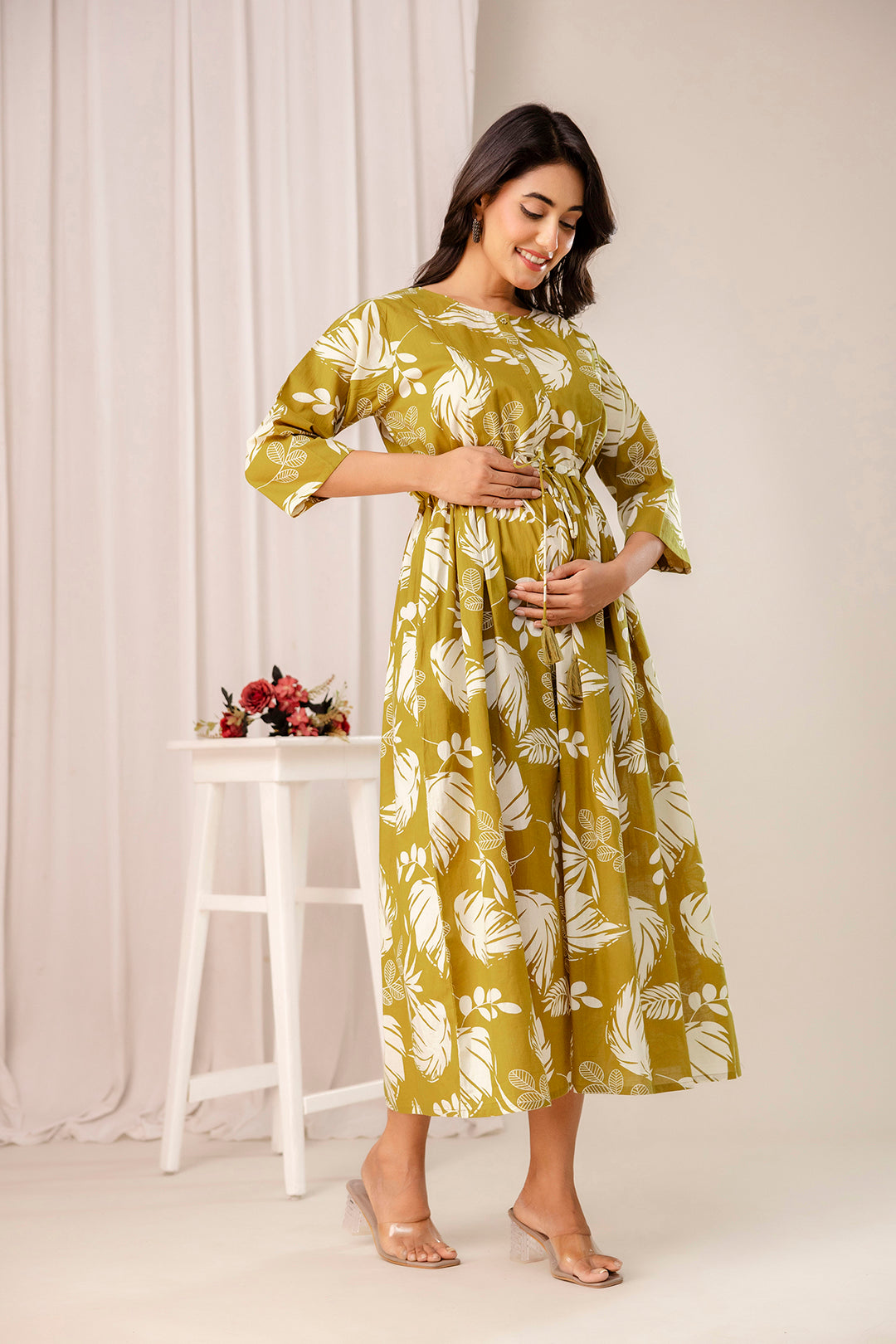 Olive Tropical Printed Maternity Dress