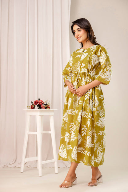 Olive Tropical Printed Maternity Dress