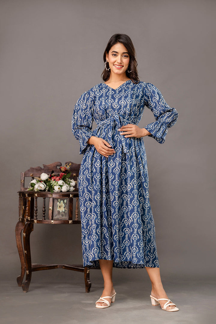 Blue Printed Maternity Dress