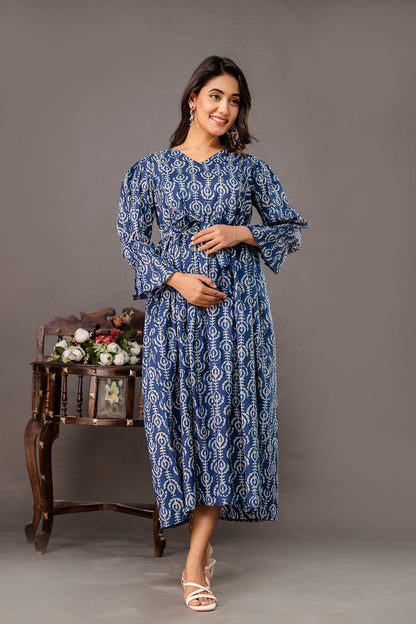Blue Printed Maternity Dress