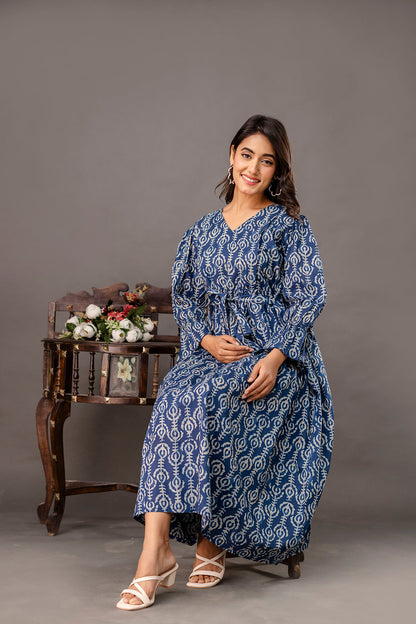 Blue Printed Maternity Dress