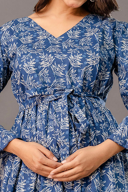 Blue Printed Maternity Dress