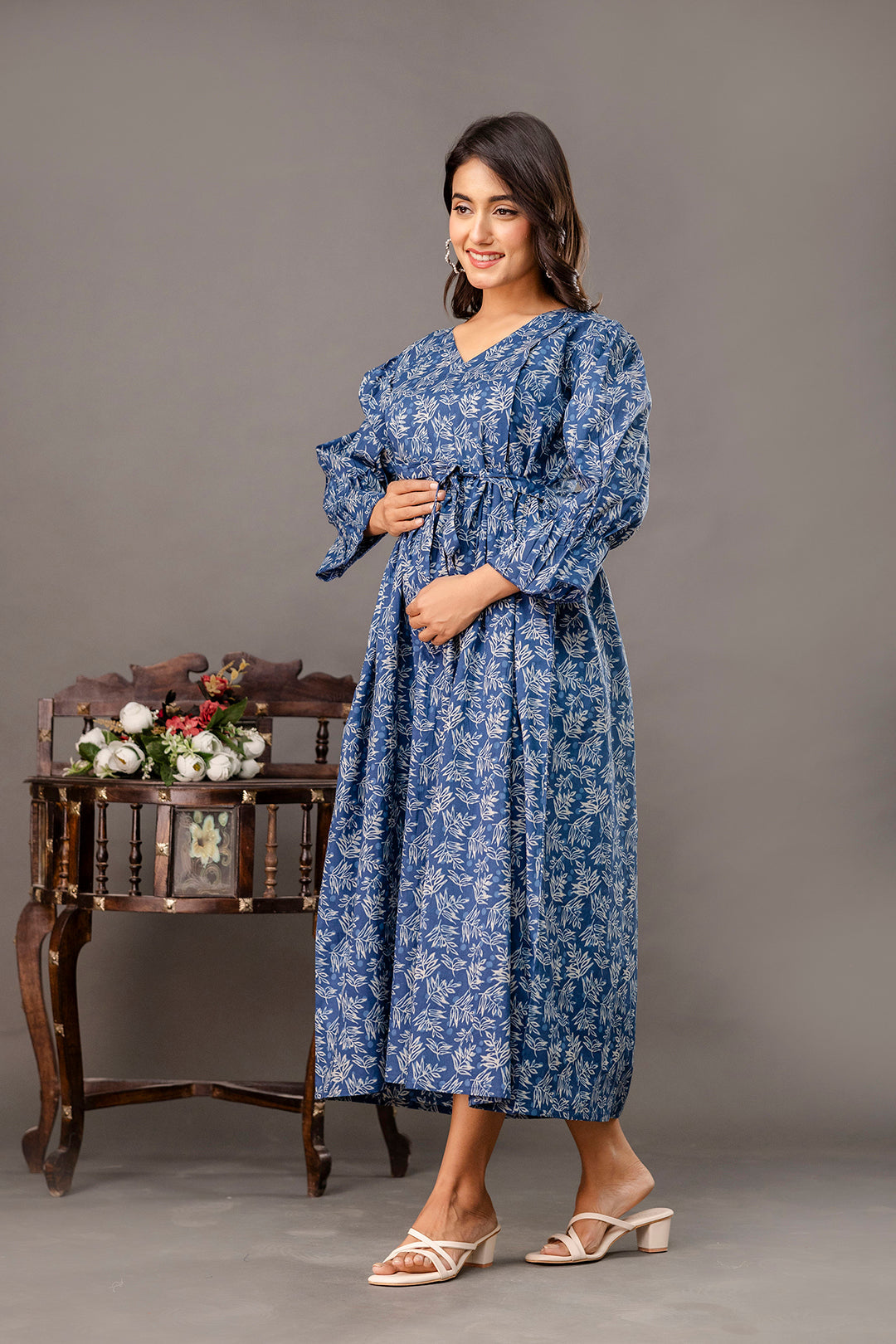 Blue Printed Maternity Dress