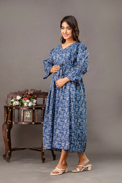 Blue Printed Maternity Dress