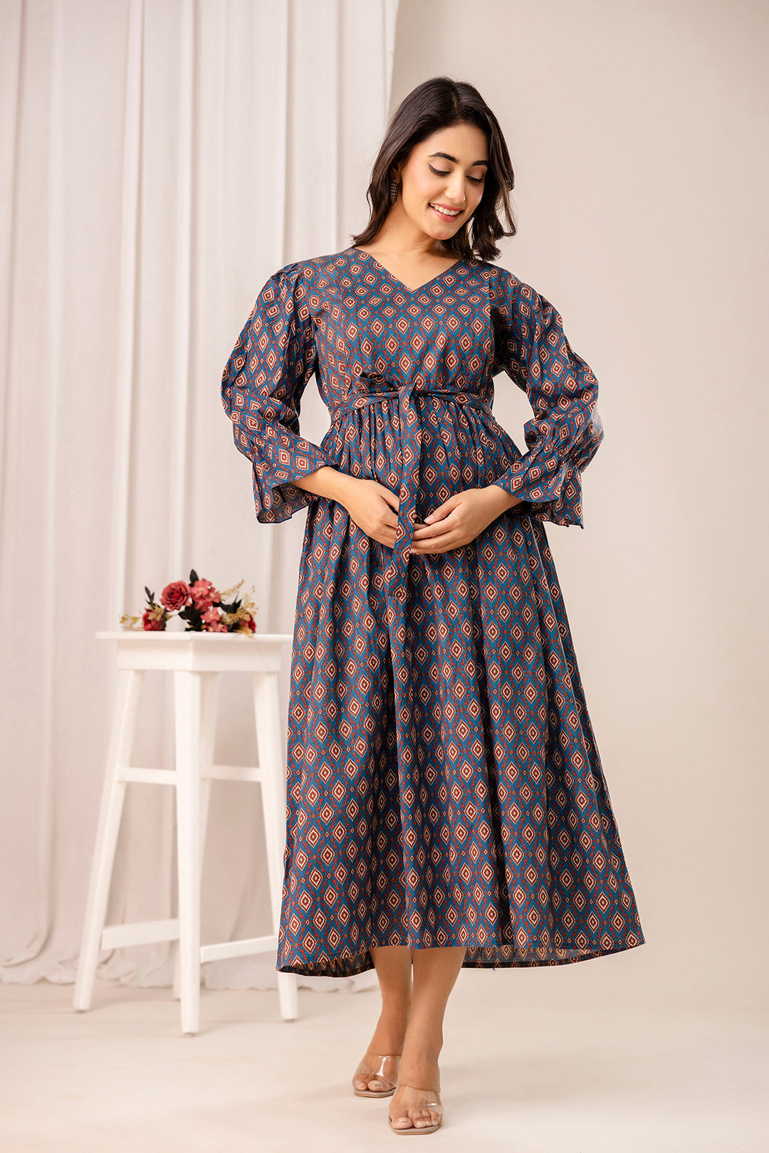 Teal Printed Maternity Dress