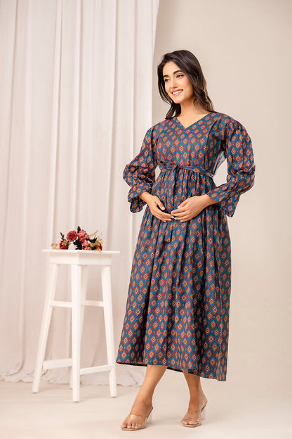 Teal Printed Maternity Dress
