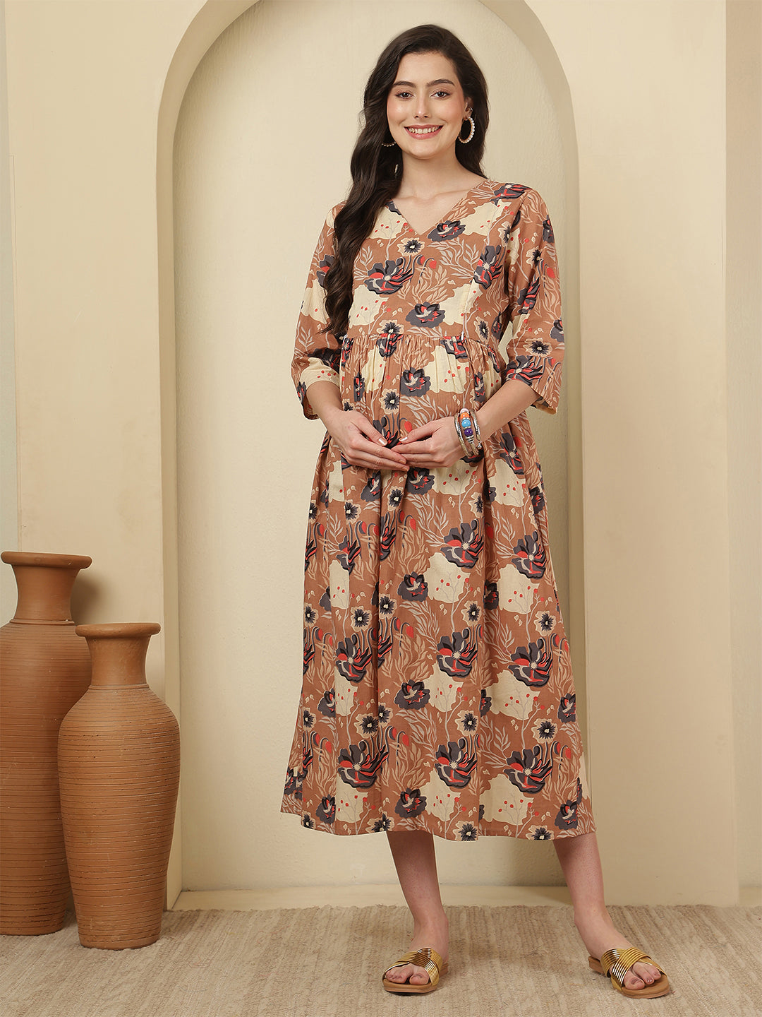 Nayo taupe printed dress – wholesale manufacturer &amp; exporter from India