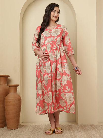 Peach Floral Printed Maternity Dress
