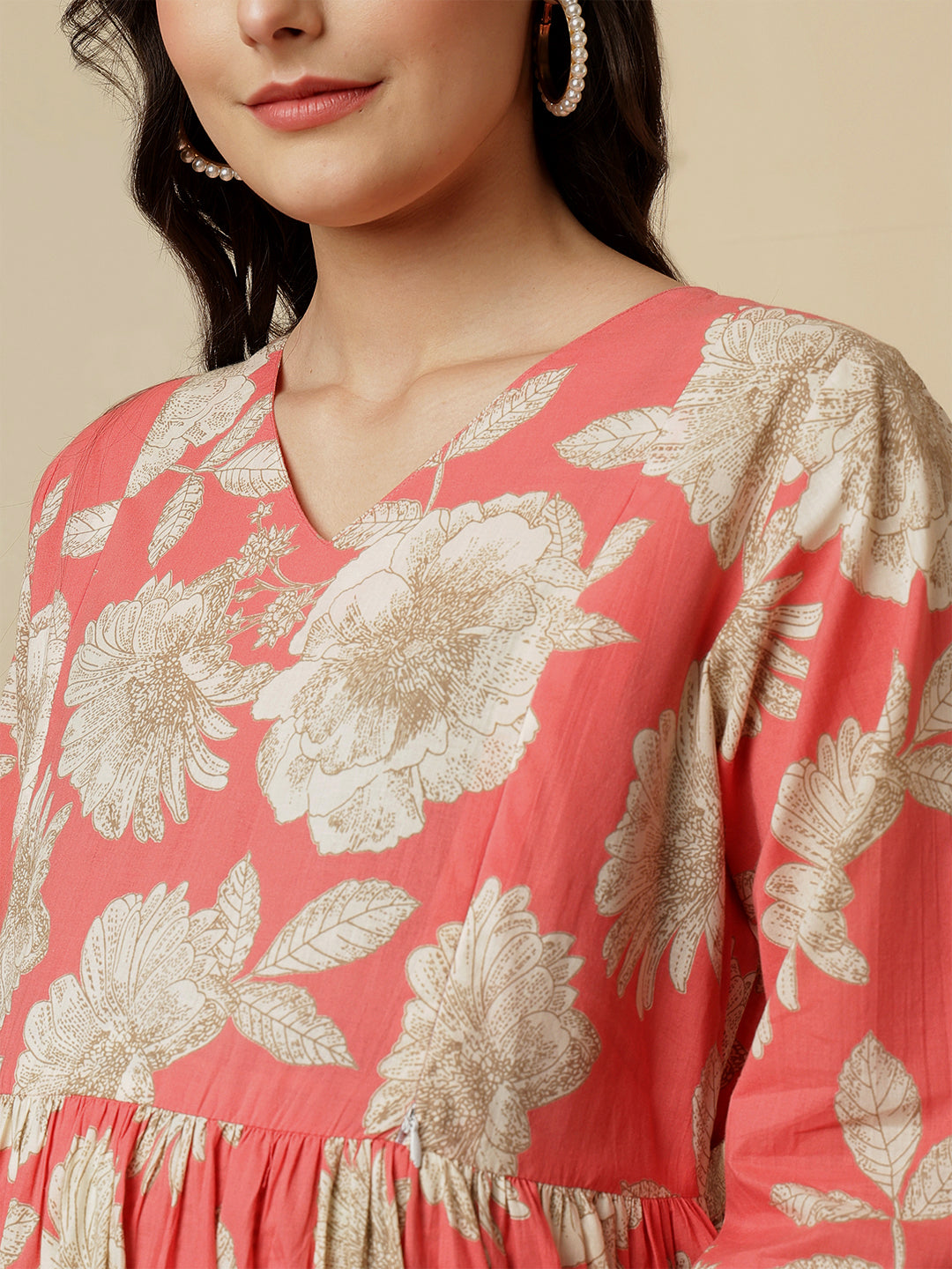 Peach Floral Printed Maternity Dress