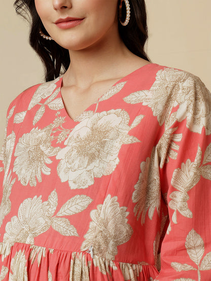 Peach Floral Printed Maternity Dress