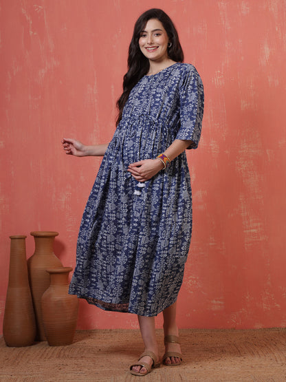 Blue Printed Maternity Dress