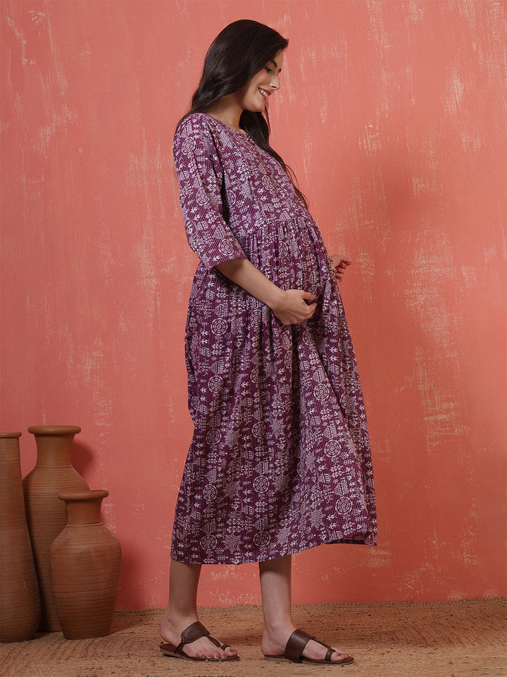 Purple Printed Maternity Dress