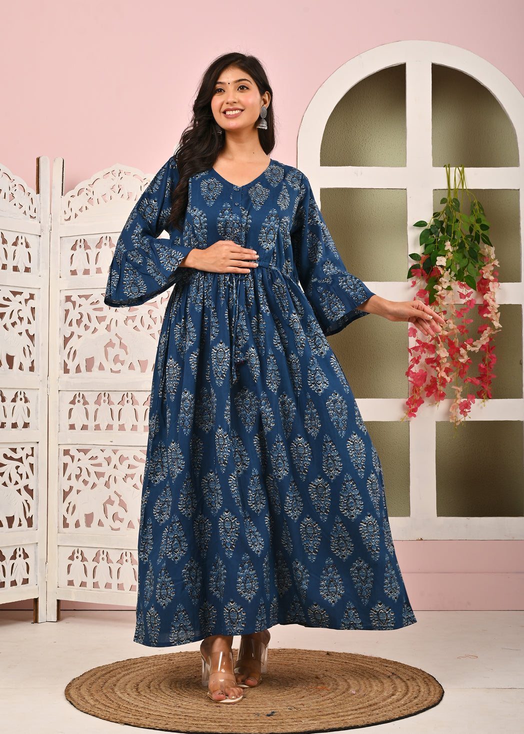 Blue Printed Maternity Dress