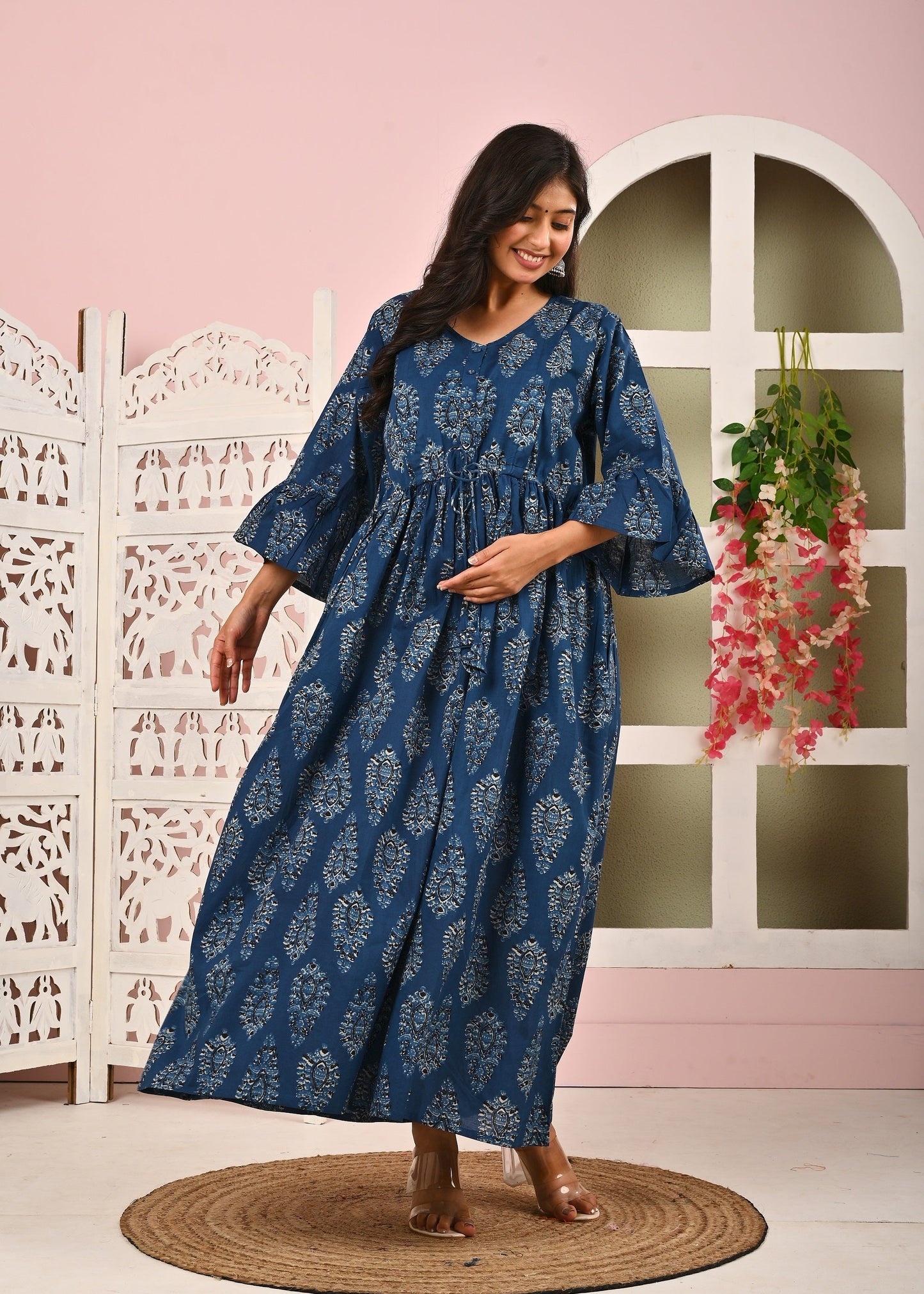 Blue Printed Maternity Dress