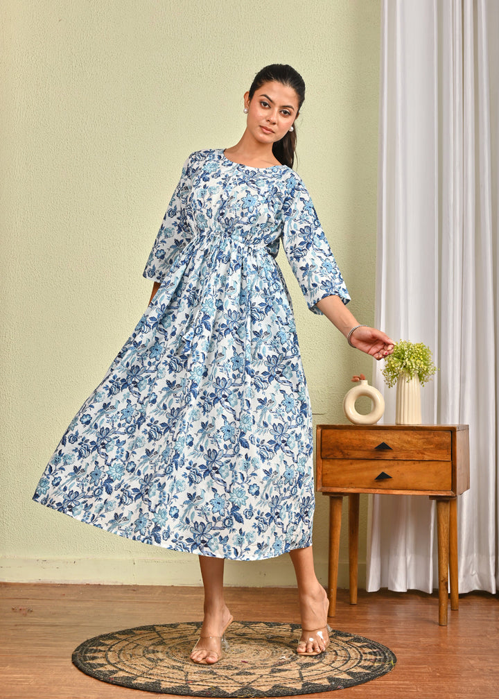 Women Off White &amp; Blue Floral Printed Dress