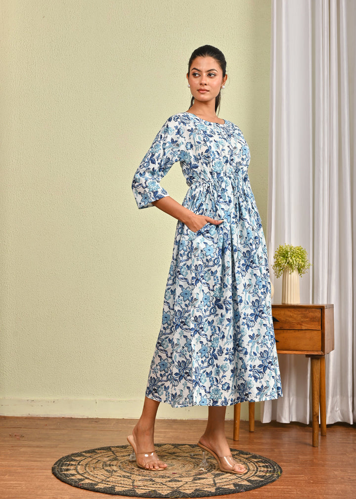 Women Off White &amp; Blue Floral Printed Dress