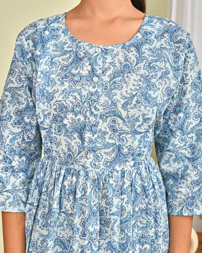 Women Blue Printed Flared Dress