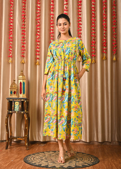 Women Yellow Printed Flared Dress