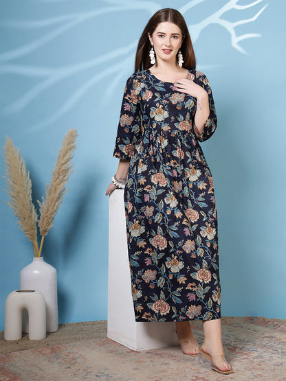 Navy Blue Printed Dress For Women