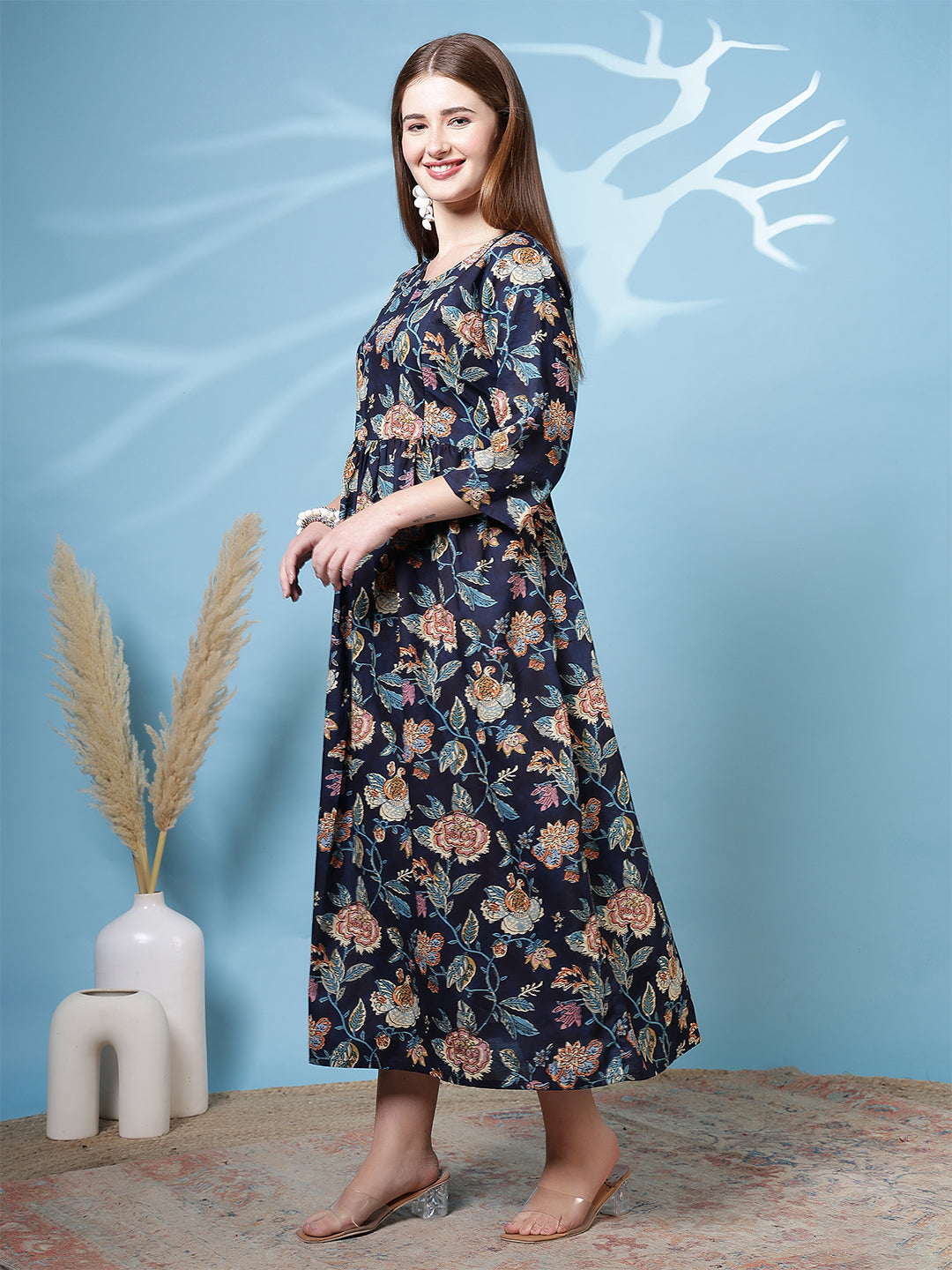 Navy Blue Printed Dress For Women