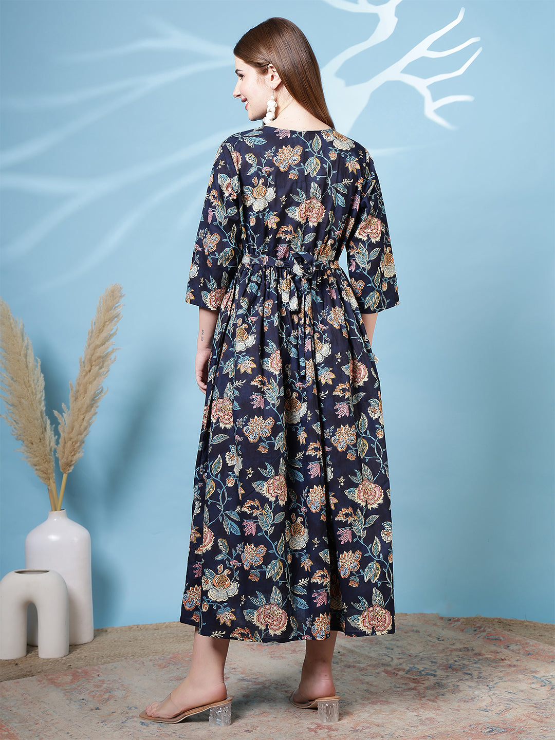 Navy Blue Printed Dress For Women