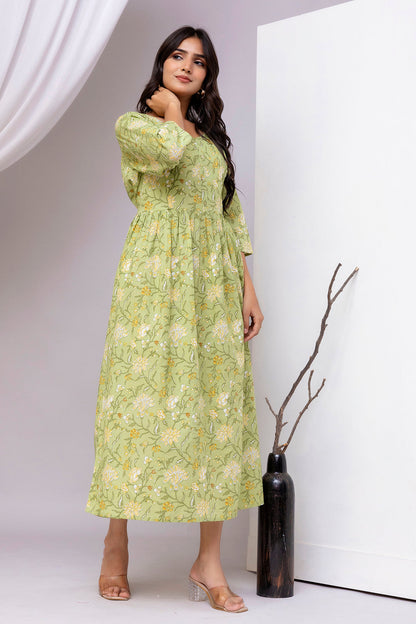 Green Printed Flared Dress for Women