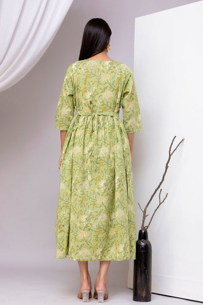 Green Printed Flared Dress for Women