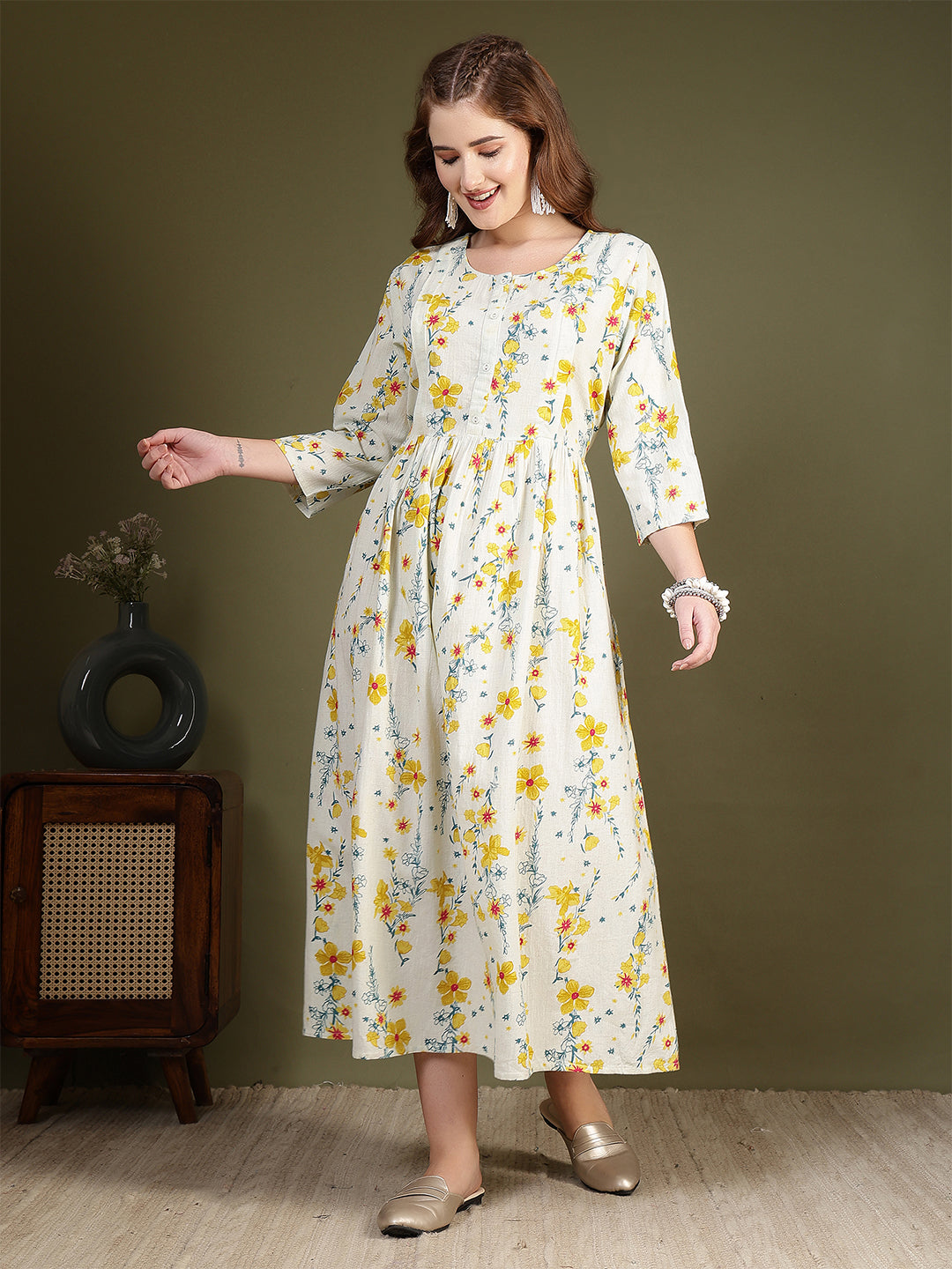 Off white Printed Flared Dress for Women