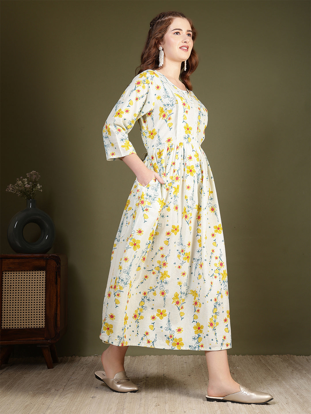 Off white Printed Flared Dress for Women
