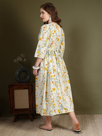 Off white Printed Flared Dress for Women